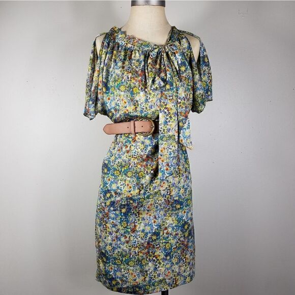 Rachel Roy Floral Print Dress • Tie Neck • Peek-a-Boo Sleeves • Flowy w/ Pockets - Picture 2 of 10